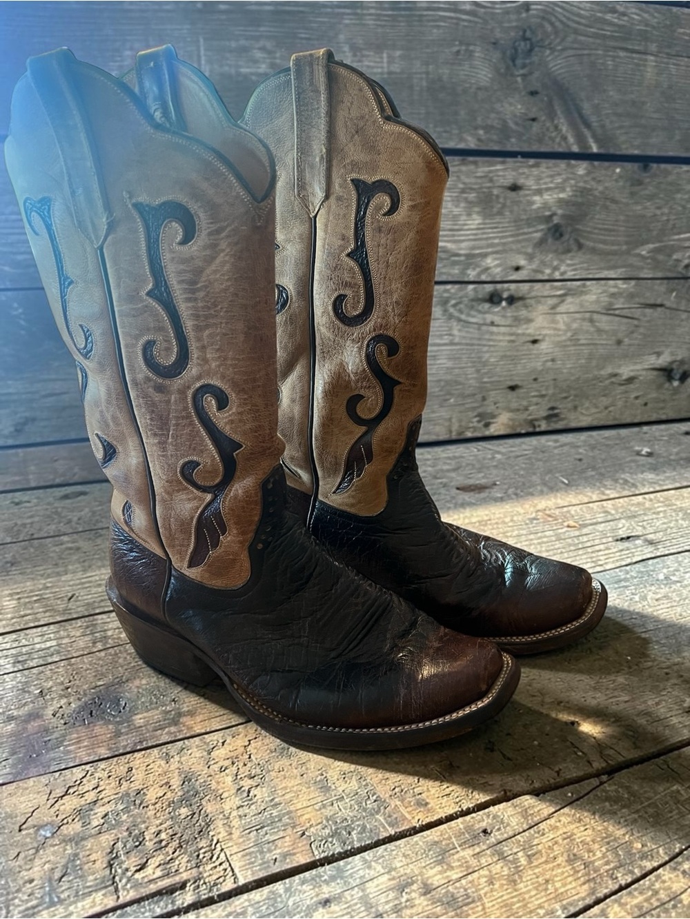Rios of Mercedes Two-Tone Brown and Tan Western Cowboy Boots Smooth Ostrich